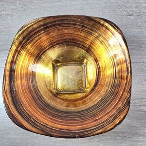 VTG II Quadrifoglio Square Italian Art Glass Bowl Gold Leaf Brown Amber Swirl